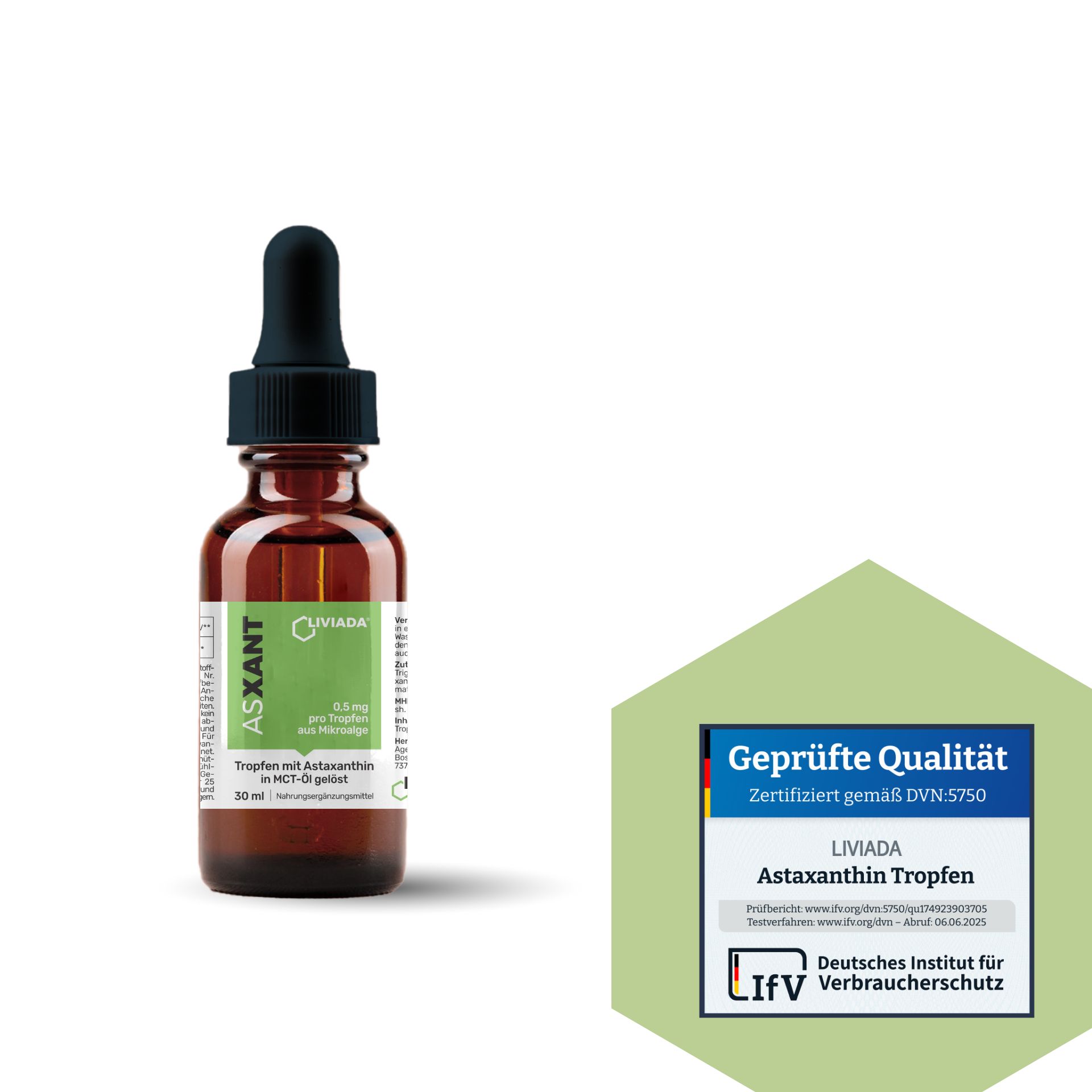 Braune Glasflasche mit Tropfer. Etikett mit "ASXANT" und "LIVIADA". Zertifizierungs-Siegel.