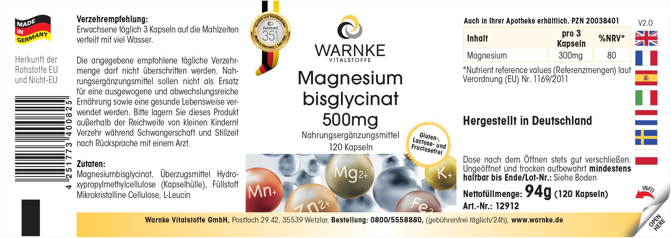 Etikett mit Text: Warnke Vitalstoffe, Magnesium bisglycinat 500mg, 120 Kapseln. Hergestellt in Deutschland. Gewicht: 94g.
