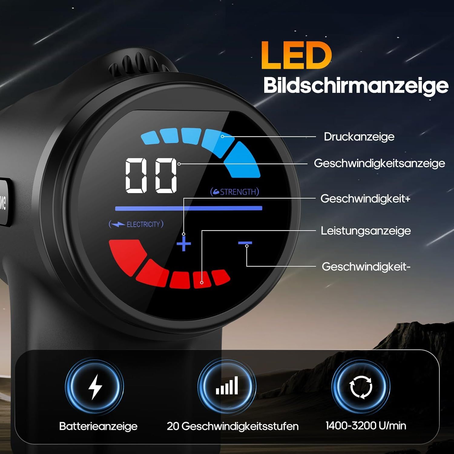 Nahaufnahme des Displays einer Massagepistole mit Anzeige für Druck, Geschwindigkeit und Batterie.