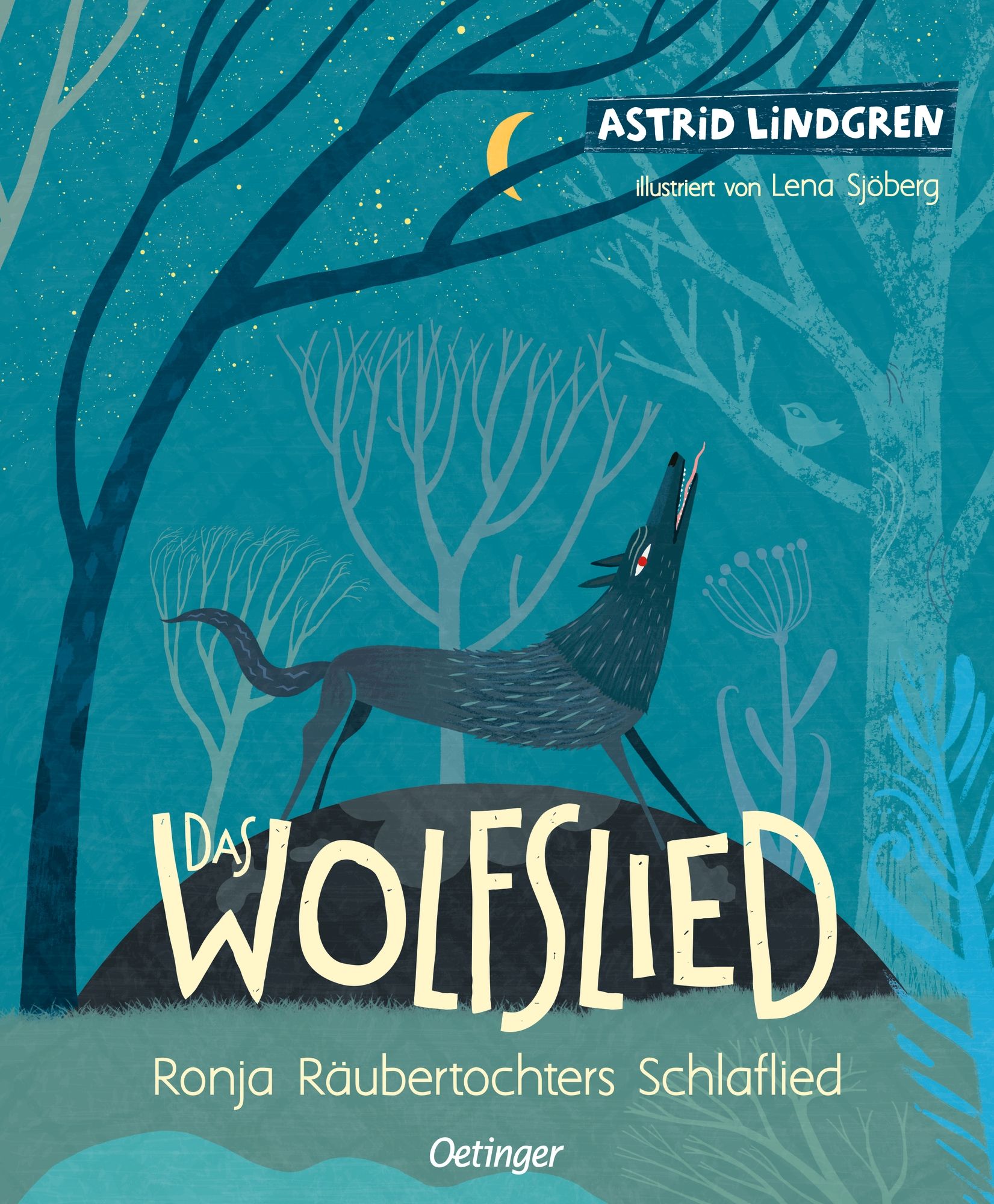 Buchcover: "Das Wolfslied". Illustration eines heulenden Wolfs vor Nachtlandschaft. Titel und Autorin Astrid Lindgren sichtbar.
