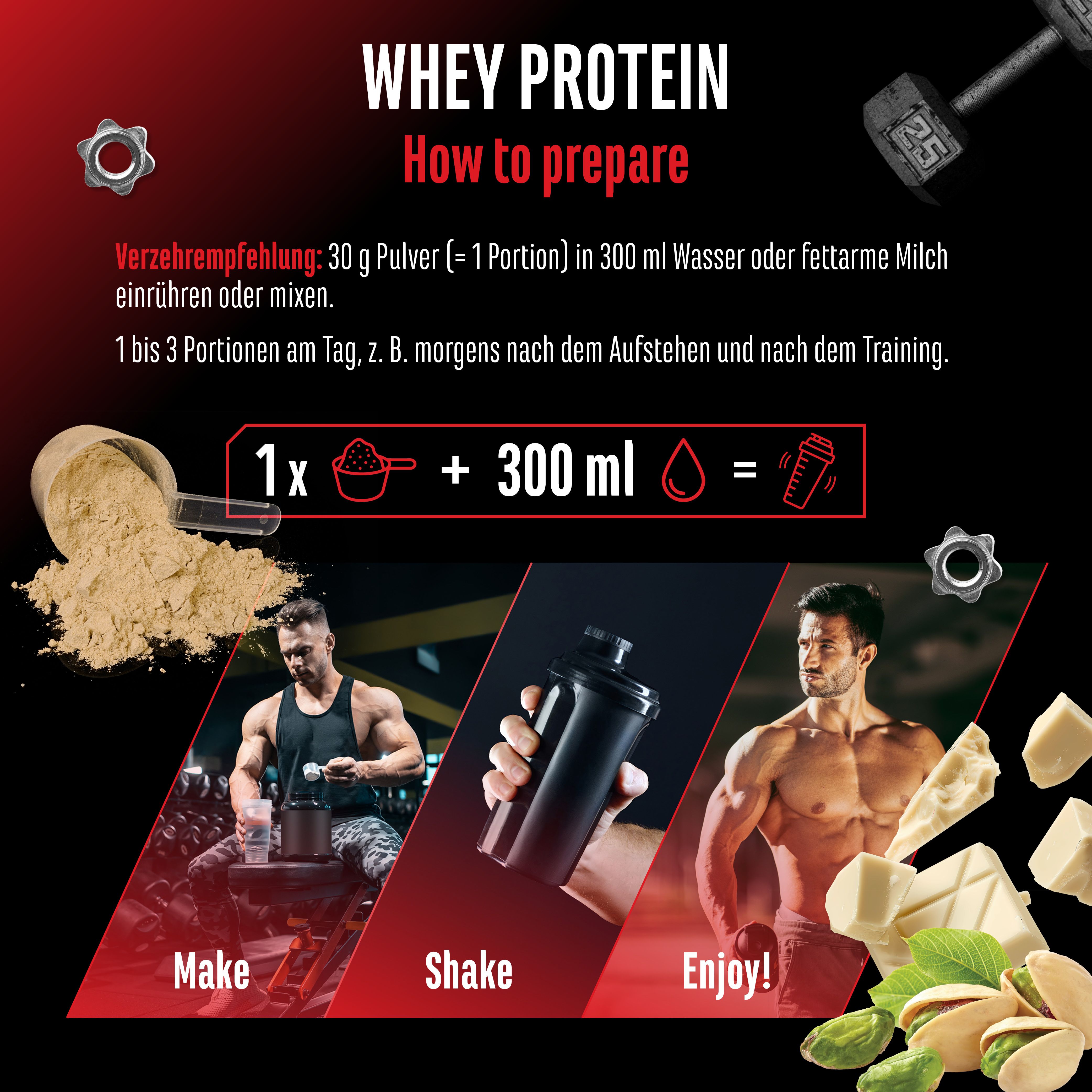Anleitung zur Zubereitung von Whey Protein. 1 Portion Pulver + 300 ml Wasser/Milch. Bilder zeigen: Zubereiten, Shaken, Genießen. Mit Pistazien und Shake-Becher.