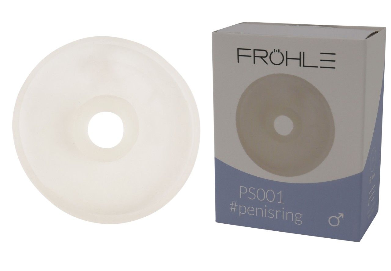 Ringförmiges Produkt neben Produktverpackung. Verpackung: FRÖHLE, PS001, #penisring. Männliches Symbol.