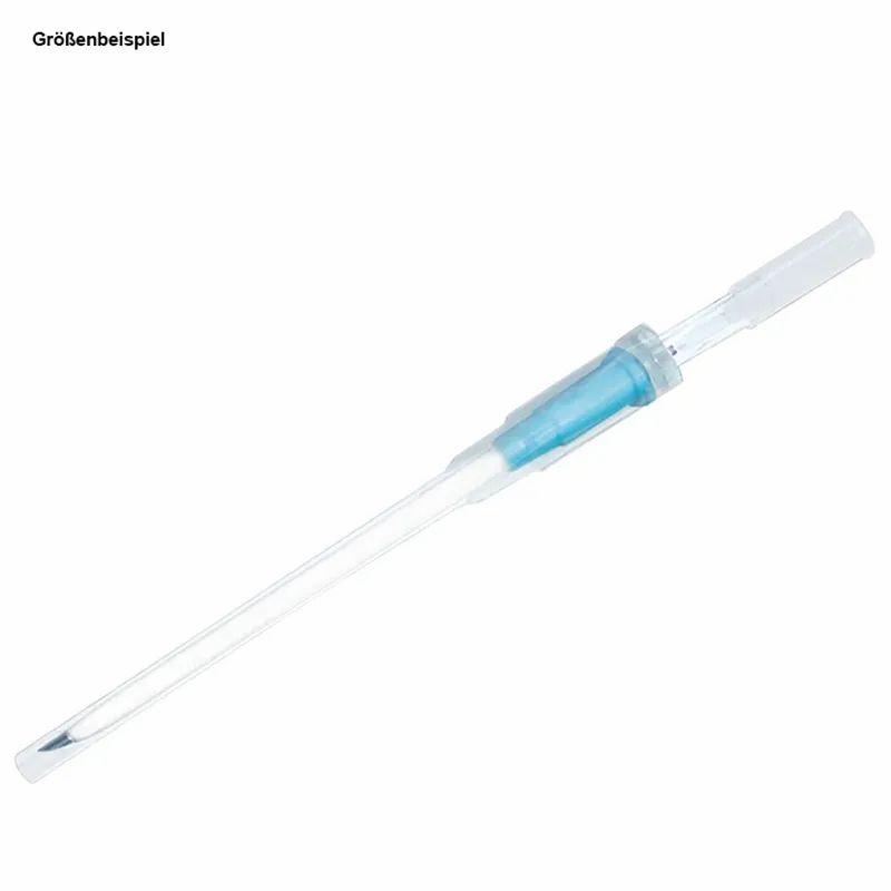 Lanzette mit blauem Element und transparenter Hülle. Spitze und Griff sind sichtbar.