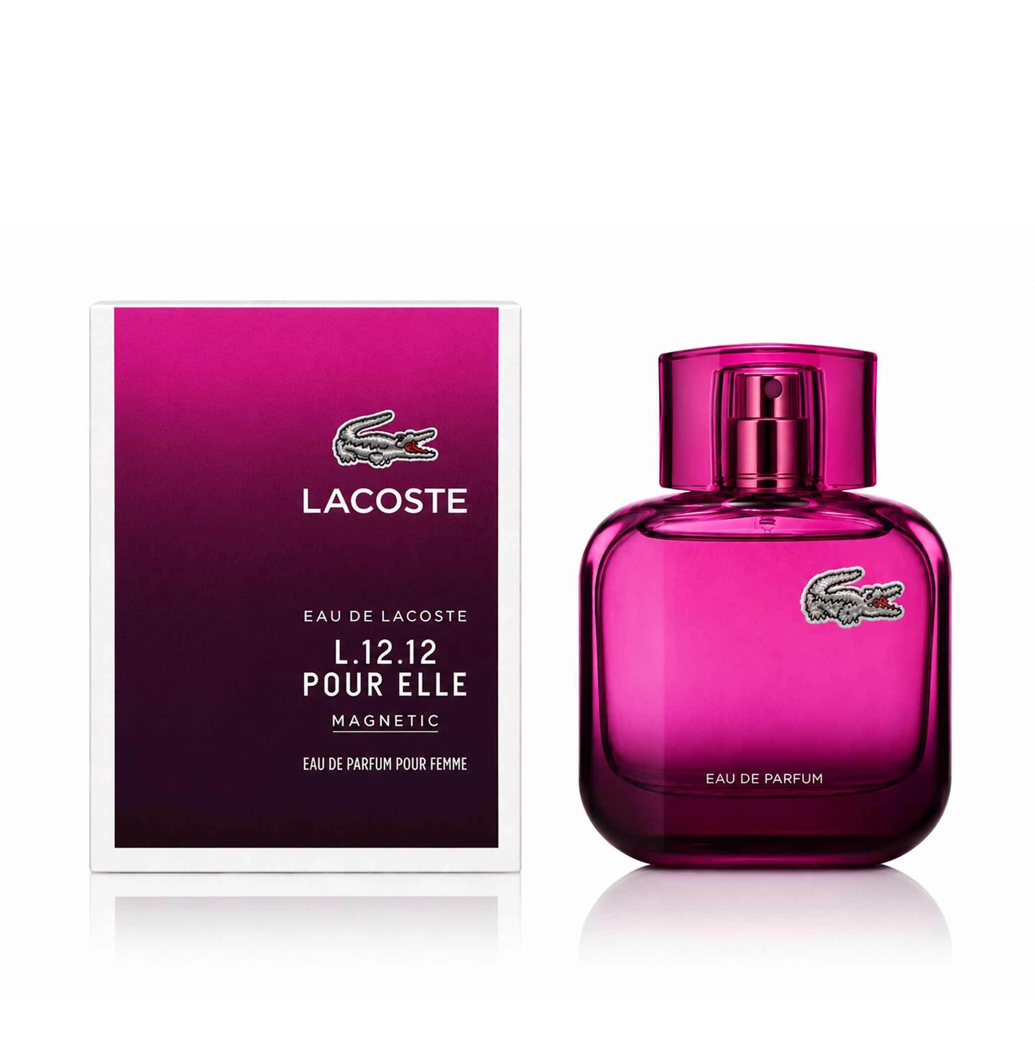 Lacoste Eau de Parfum Flakon und Schachtel, pink mit Krokodil-Logo.