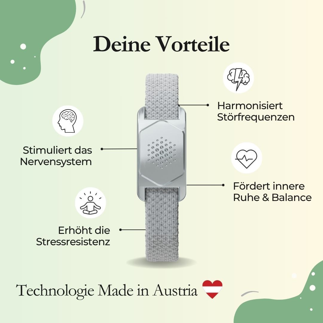 Grafik mit Armband und Icons. Text: Deine Vorteile, Stimuliert Nervensystem, Harmonisiert Störfrequenzen, Fördert innere Ruhe & Balance, Erhöht Stressresistenz.