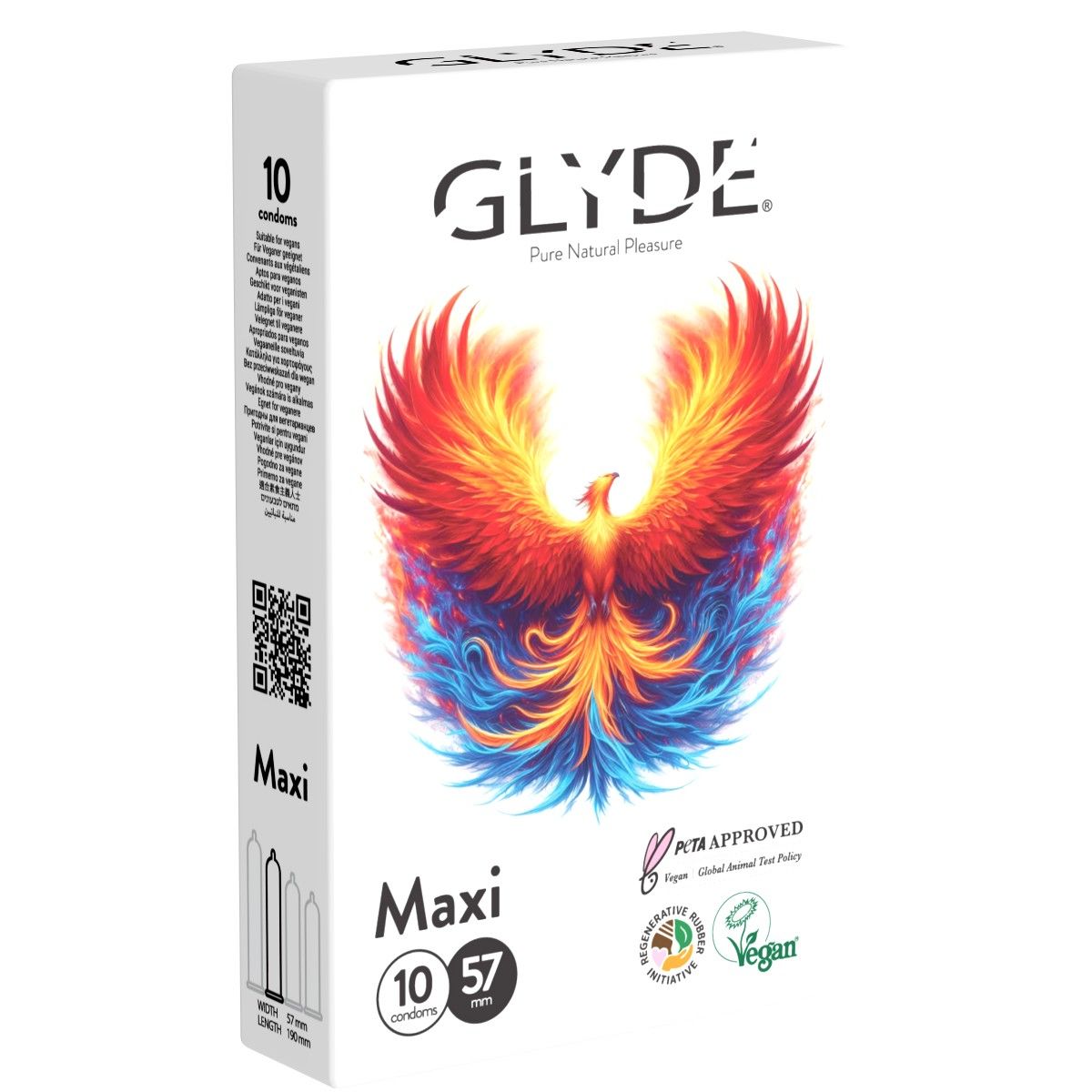 Glyde Maxi Kondome, 10 Stück, mit Flammenvogel-Design und Siegeln für Vegan und Global Animal Test Policy.