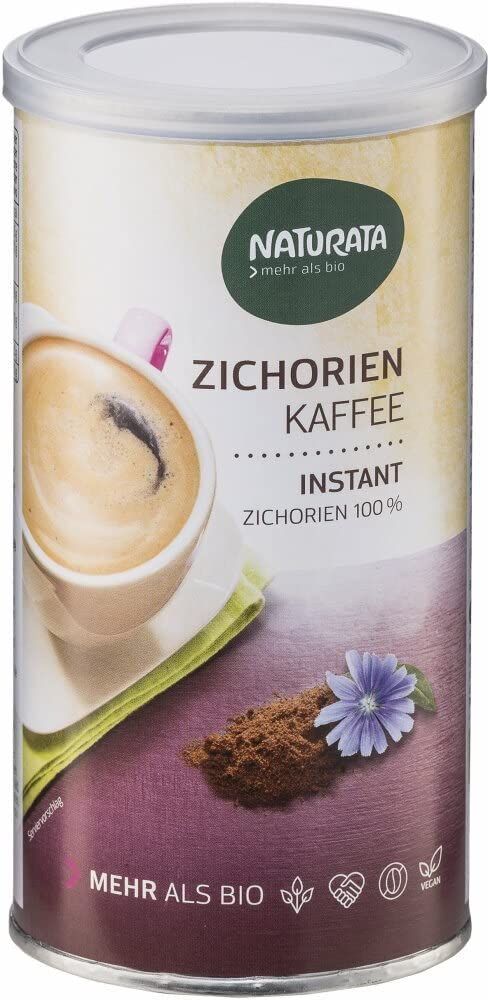 Naturata Zichorien Kaffee Instant Dose mit Bild einer Tasse Kaffee und einer blauen Blüte.