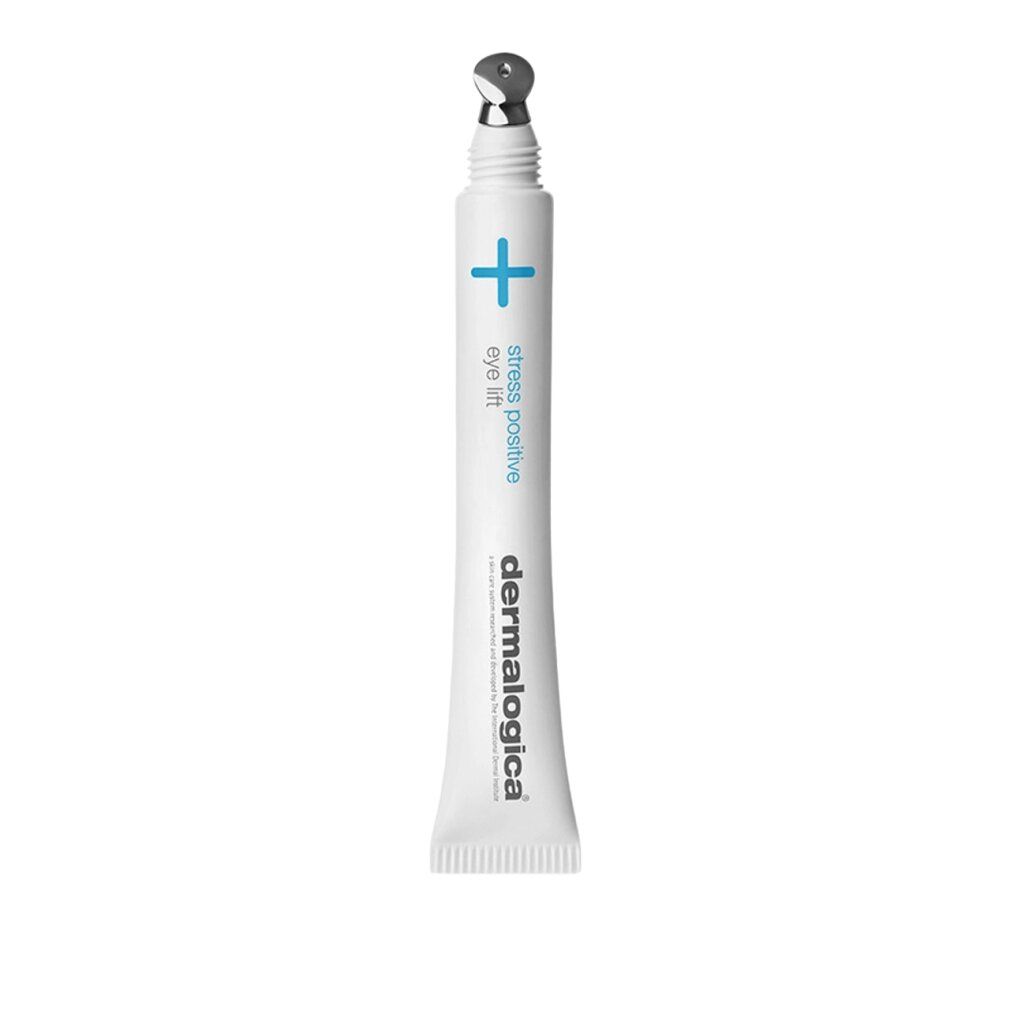 Weißes Tube mit Roll-on-Applikator. Aufschrift: "stress positive eye lift" und "dermalogica".