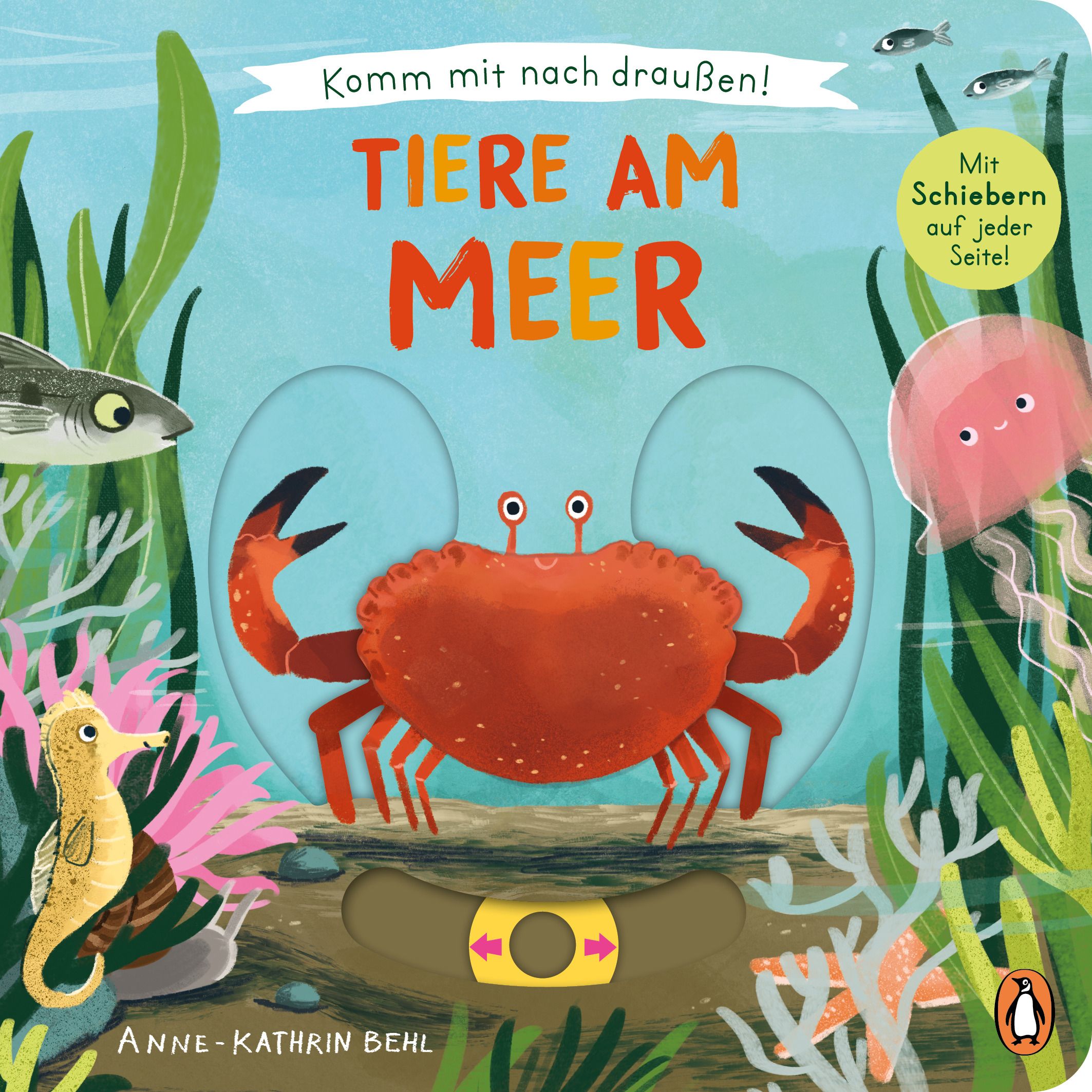 Kinderbuch "Tiere am Meer" mit Schiebern. Titel und Autor sichtbar. Illustrationen von Meeresbewohnern.
