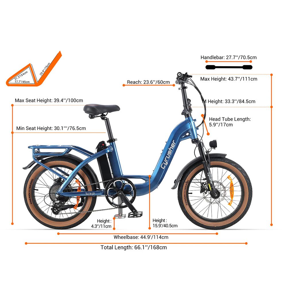 Blaues E-Bike CYRUSHER Nova mit braunen Reifen. Abmessungen: 168 cm lang, 114 cm Radstand, 100 cm maximale Sitzhöhe.