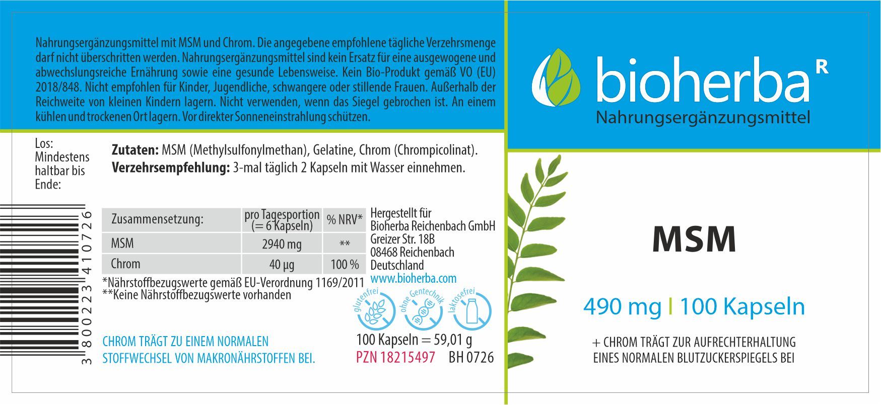 Etikett mit Produktinformationen. Enthält MSM, Chrom. Marke: Bioherba. 100 Kapseln. Text in deutscher Sprache.