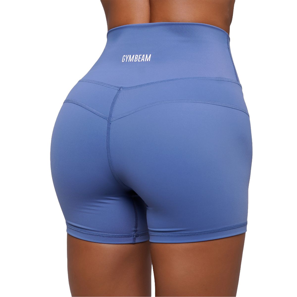 Damen Shorts in Stahlblau mit hoher Taille, elastischem Bund und Taschen.
