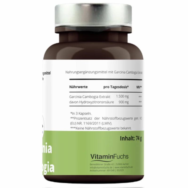 Rückseite der Flasche mit Nährwertangaben pro Tagesdosis von Garcinia Cambogia Extrakt. Enthält auch Informationen zum Inhalt von 74g und das Logo von VitaminFuchs. Der Text ist auf Deutsch.
