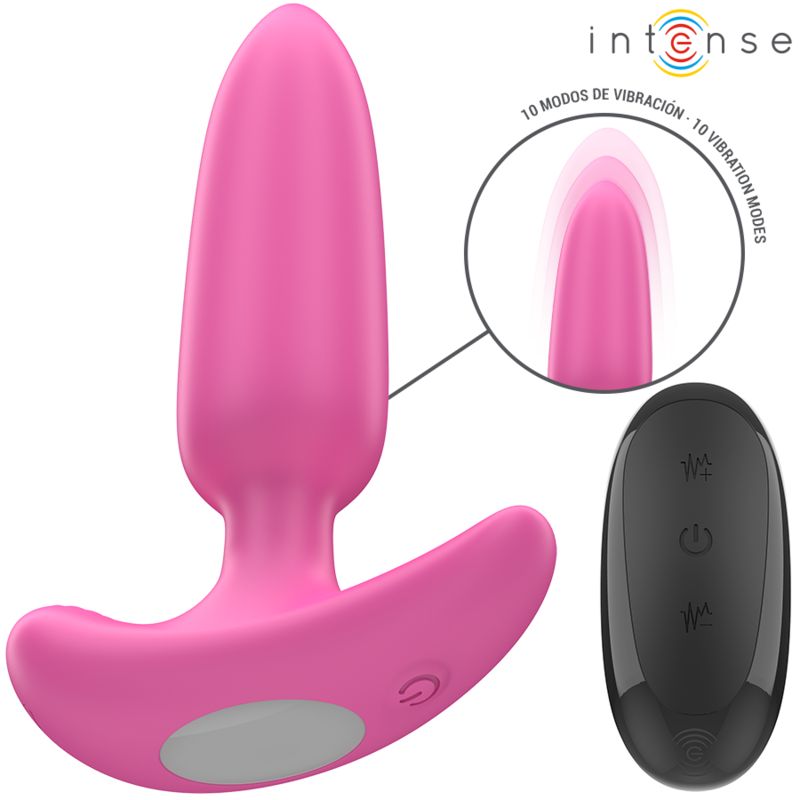 Rosa Anal Plug mit Fernbedienung. 10 Vibrationsmodi. Marke: Intense. Schwarze Fernbedienung mit Tasten.