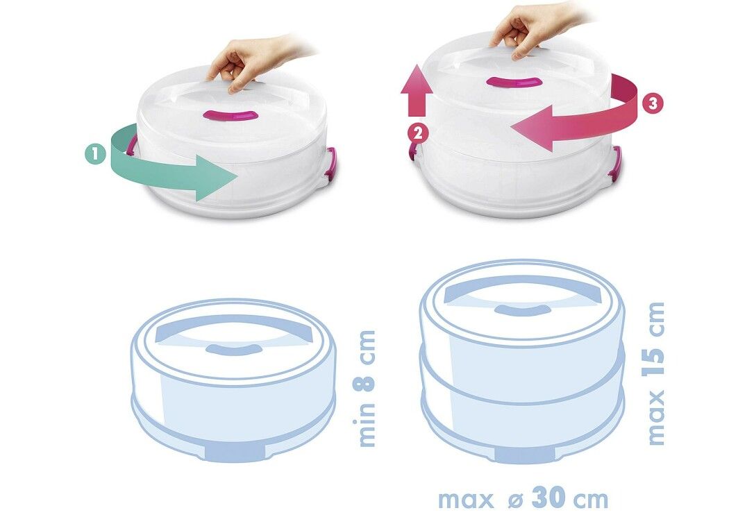 Illustrationen: Kuchenbehälter, erweiterbar. Pfeile zeigen die Höhenverstellung. Maße: min. 8 cm, max. 15 cm, Ø 30 cm.