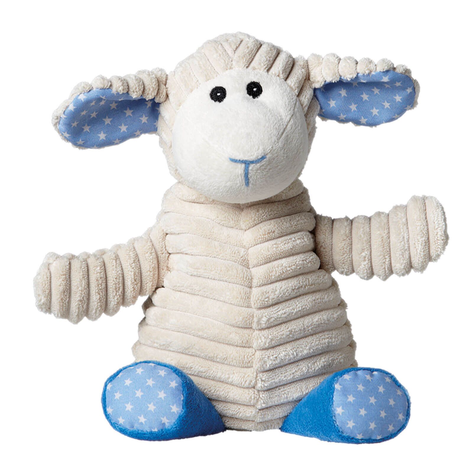 Beiges Schaf-Plüschtier. Blaue Ohren und Füße mit weißen Sternen. Schwarze Augen, blaues Lächeln. Cord-Optik.