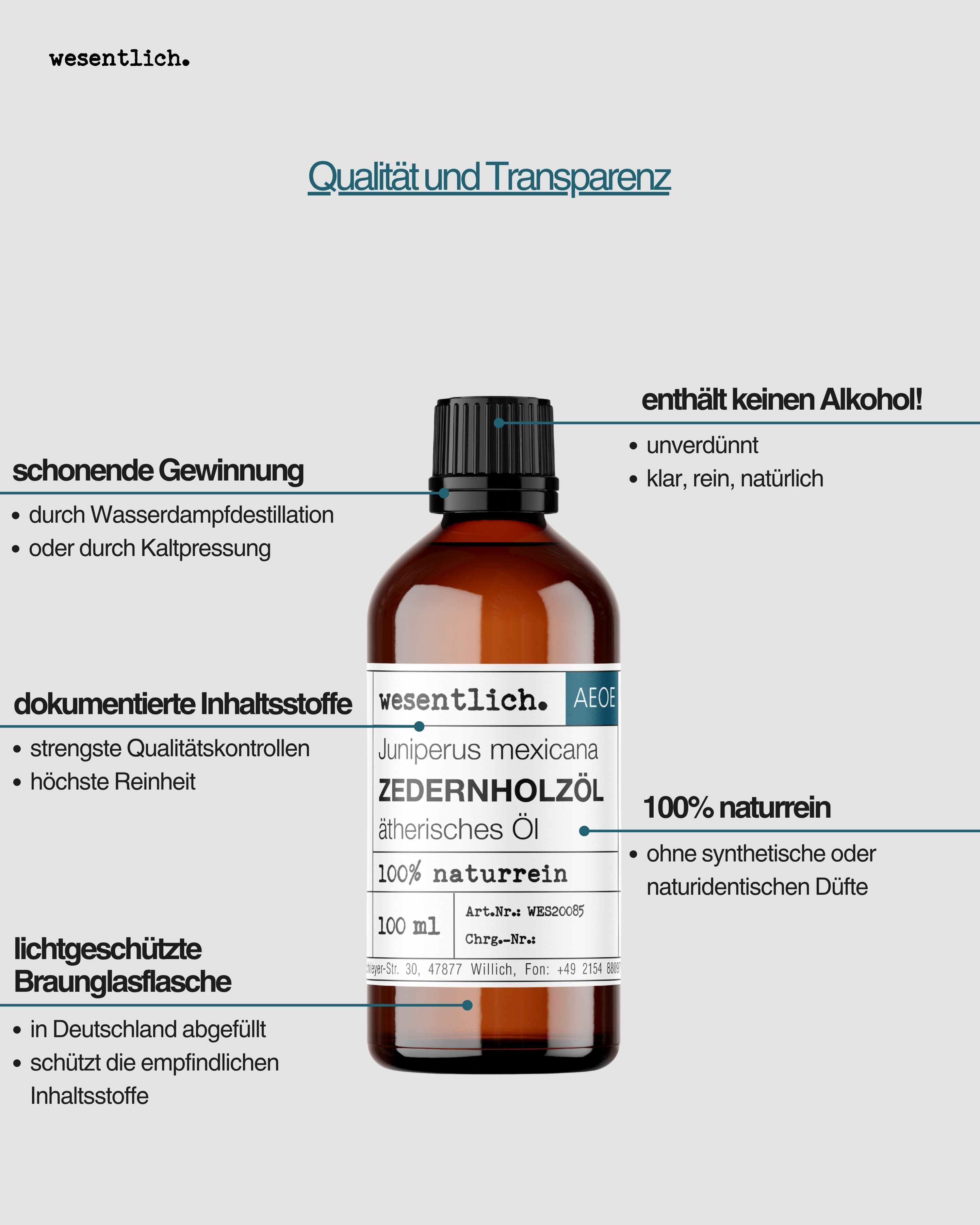 Flasche Zedernholzöl mit Hinweisen zu Gewinnung, Inhaltsstoffen und Verpackung.