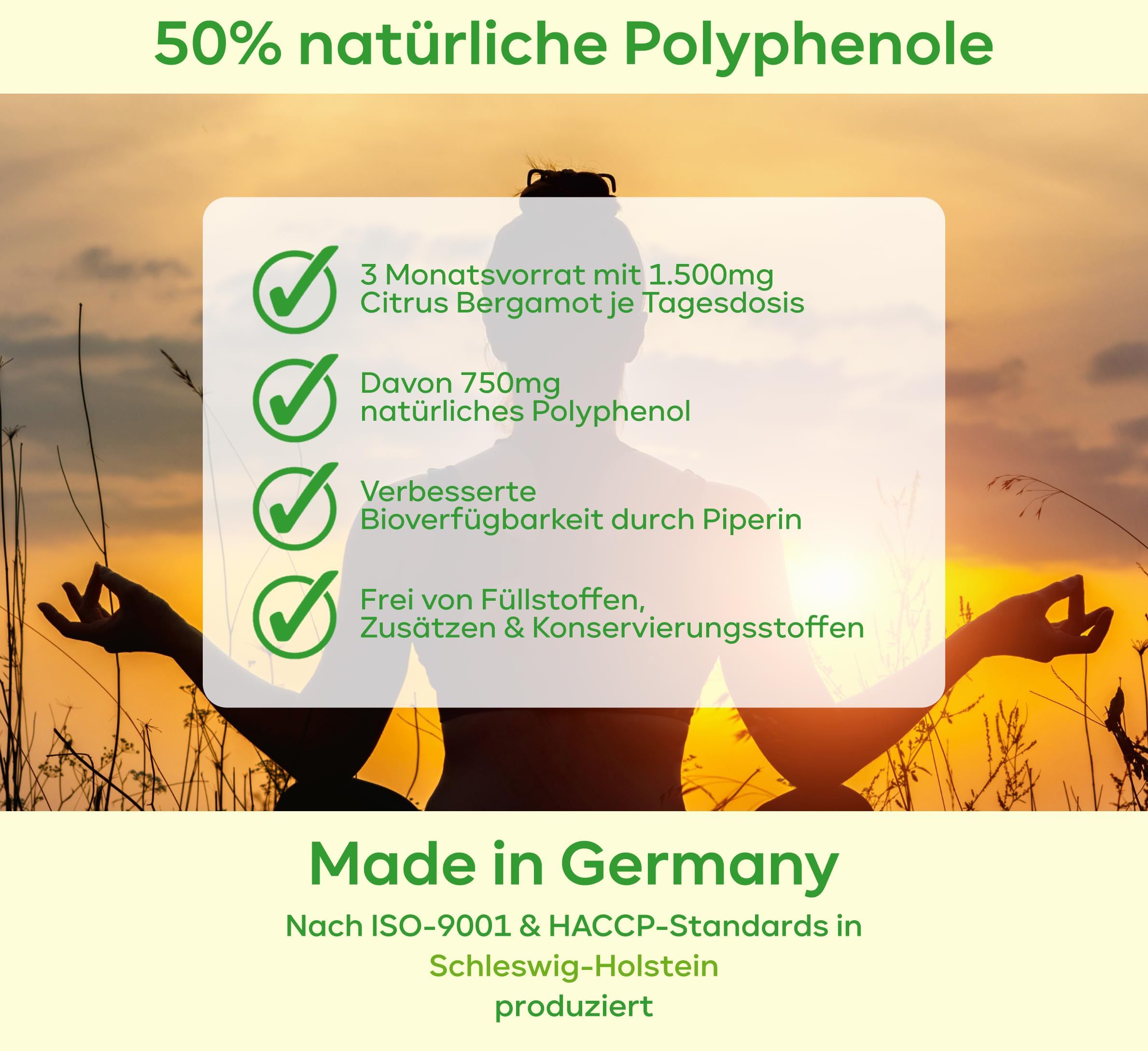 Grafik mit grünen Häkchen. Text: 3 Monatsvorrat, 1.500mg Citrus Bergamot, 750mg Polyphenole, verbesserte Bioverfügbarkeit, frei von Zusätzen.