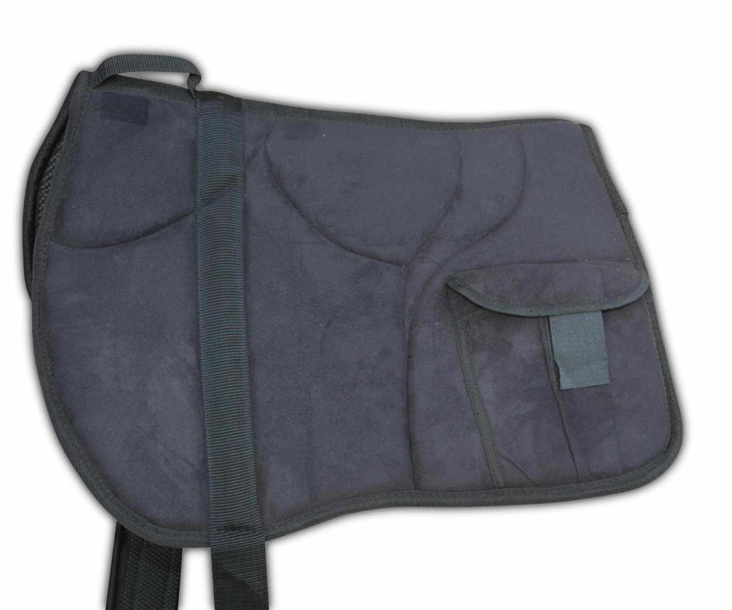 Dunkelblaues Reitpad mit Taschen und Haltegriff. Schwarze Riemen und Klettverschlüsse. Gepolsterte Oberfläche.