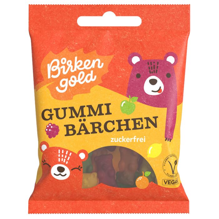 Verpackung mit Gummibärchen. Aufschrift: Birkengold, Gummi Bärchen, zuckerfrei. Mit Illustrationen von Bären und Früchten. Vegan-Siegel.