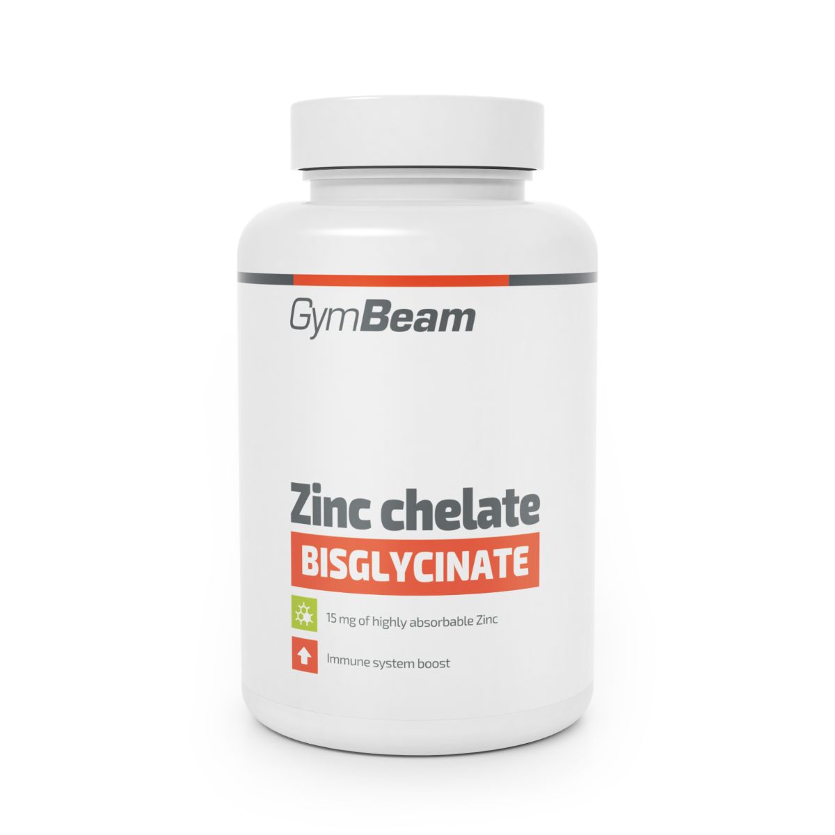 Weiße Dose mit GymBeam Logo. Enthält Zinkchelat Bisglycinat Kapseln, 15 mg hoch absorbierbares Zink.