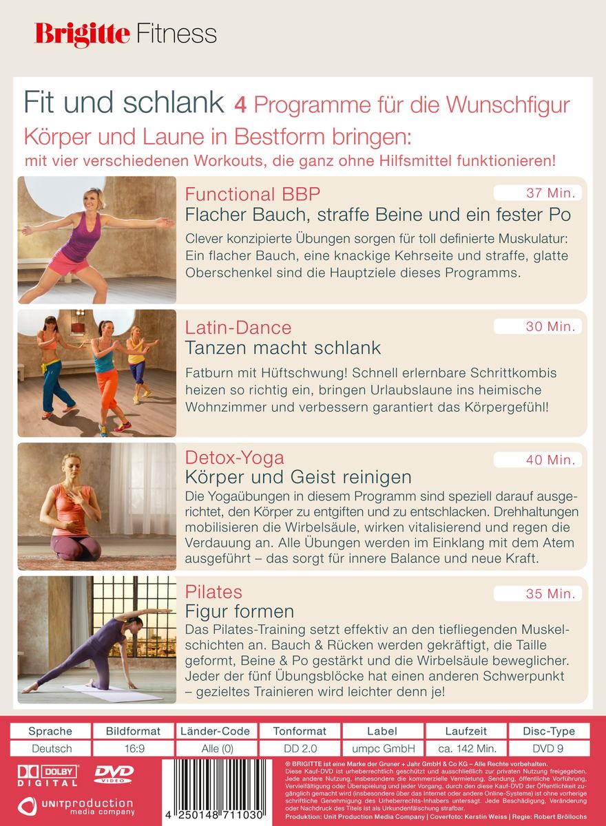 Rückseite der DVD-Hülle "Fit und schlank". Vier Trainingsprogramme mit Bildern. Textinformationen. Logo "Brigitte Fitness".