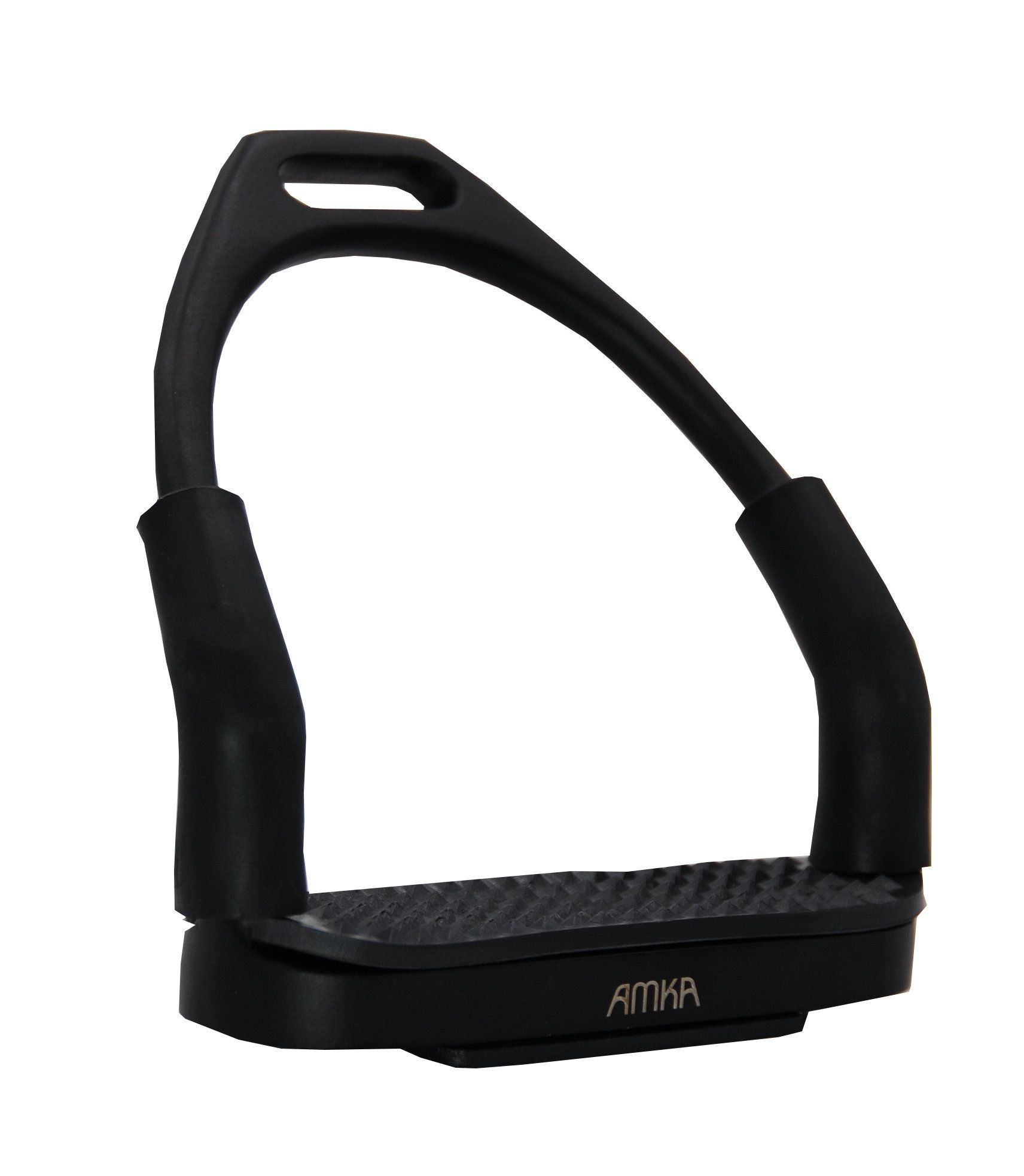 Schwarzer Steigbügel mit Gelenk. AMKA-Logo unten. Gummierte Oberfläche für besseren Halt.