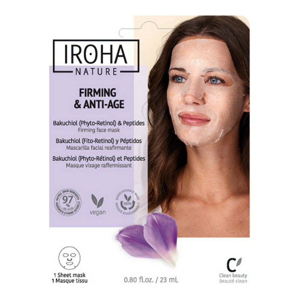 Gesichtsmaske auf einer Frau. Verpackung mit Iroha Nature, Firming & Anti-Age, Bakuchiol & Peptides. Vegan-Siegel.