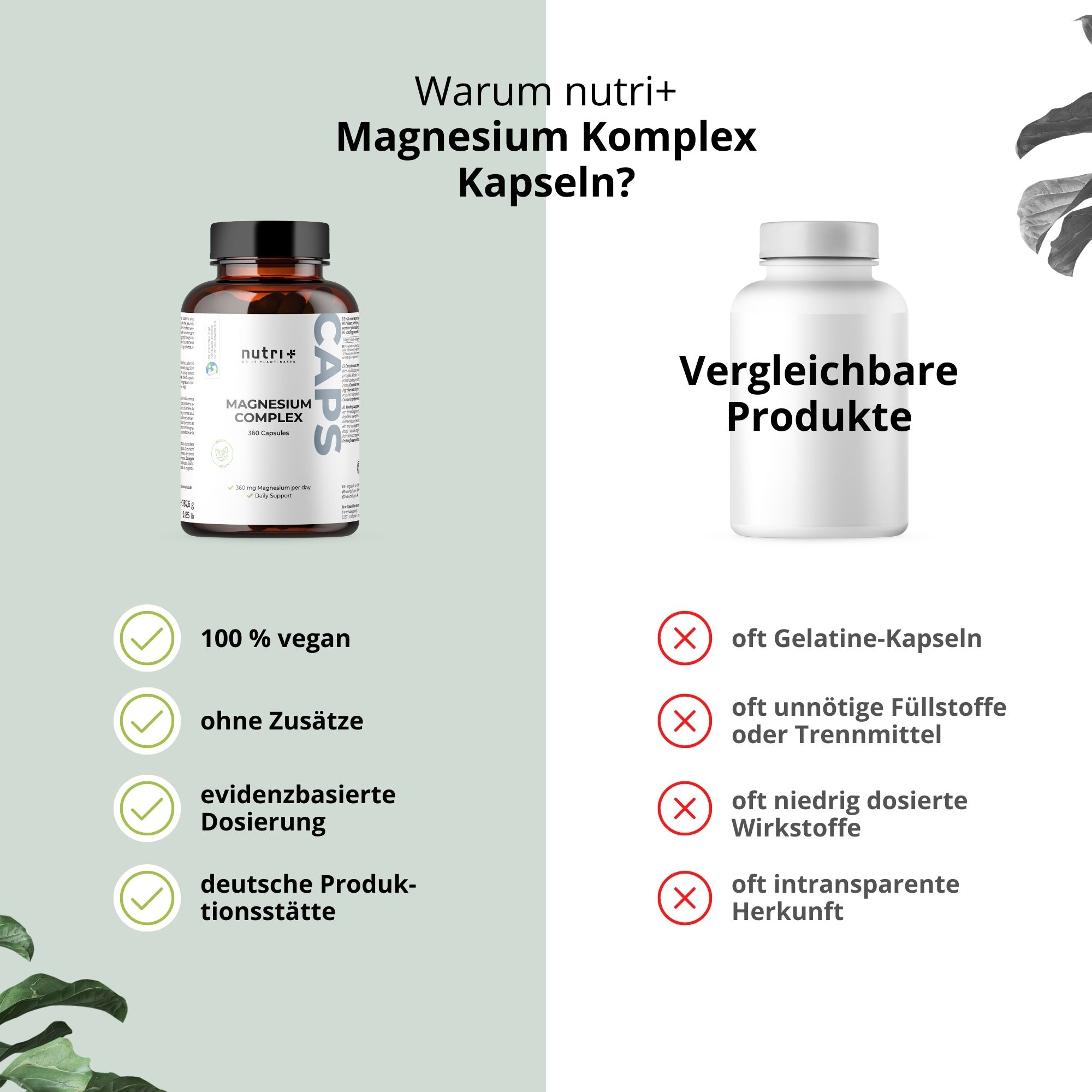 Vergleich von nutri+ Magnesium Complex mit einem anderen Produkt. Text: 100% vegan, ohne Zusätze, evidenzbasierte Dosierung, deutsche Produktionsstätte.