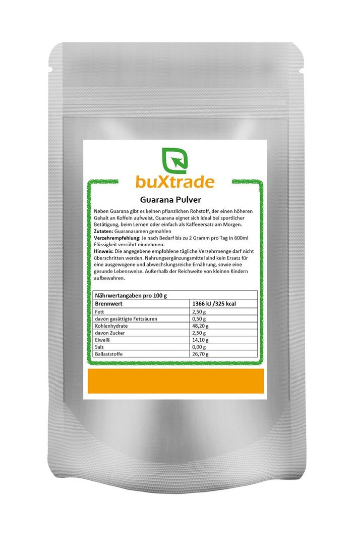 Beutel mit "buXtrade Guarana Pulver". Aufdruck mit Nährwertangaben. Grün umrandetes Etikett mit Produktinformationen.