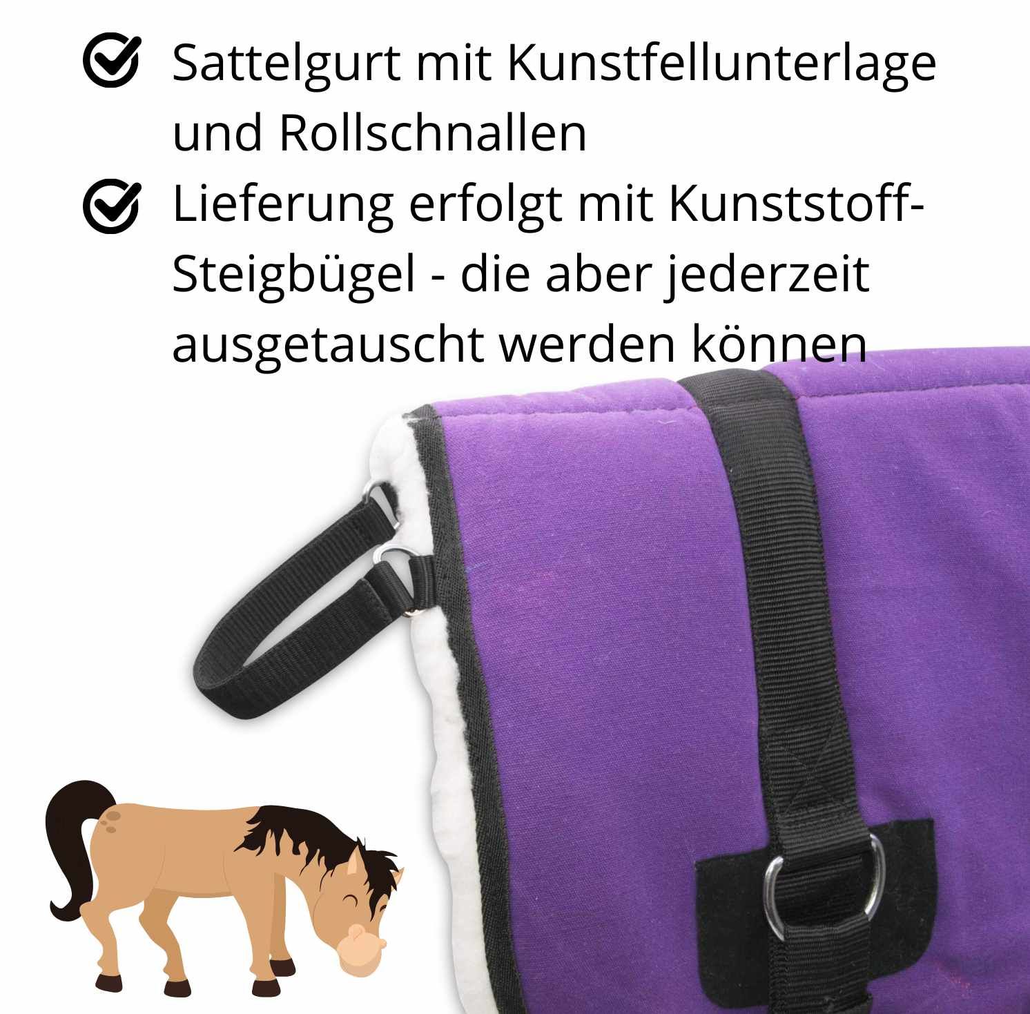 Nahaufnahme eines violetten Bareback Pads. Schwarze Gurte, Haltegriff. Text: Sattelgurt mit Kunstfellunterlage.
