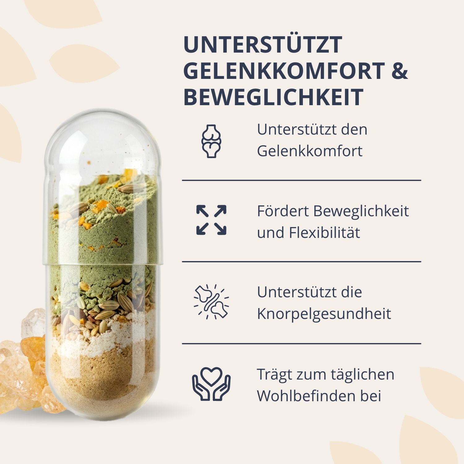 Kapsel mit Inhaltsstoffen zur Unterstützung des Gelenkkomforts und der Beweglichkeit.