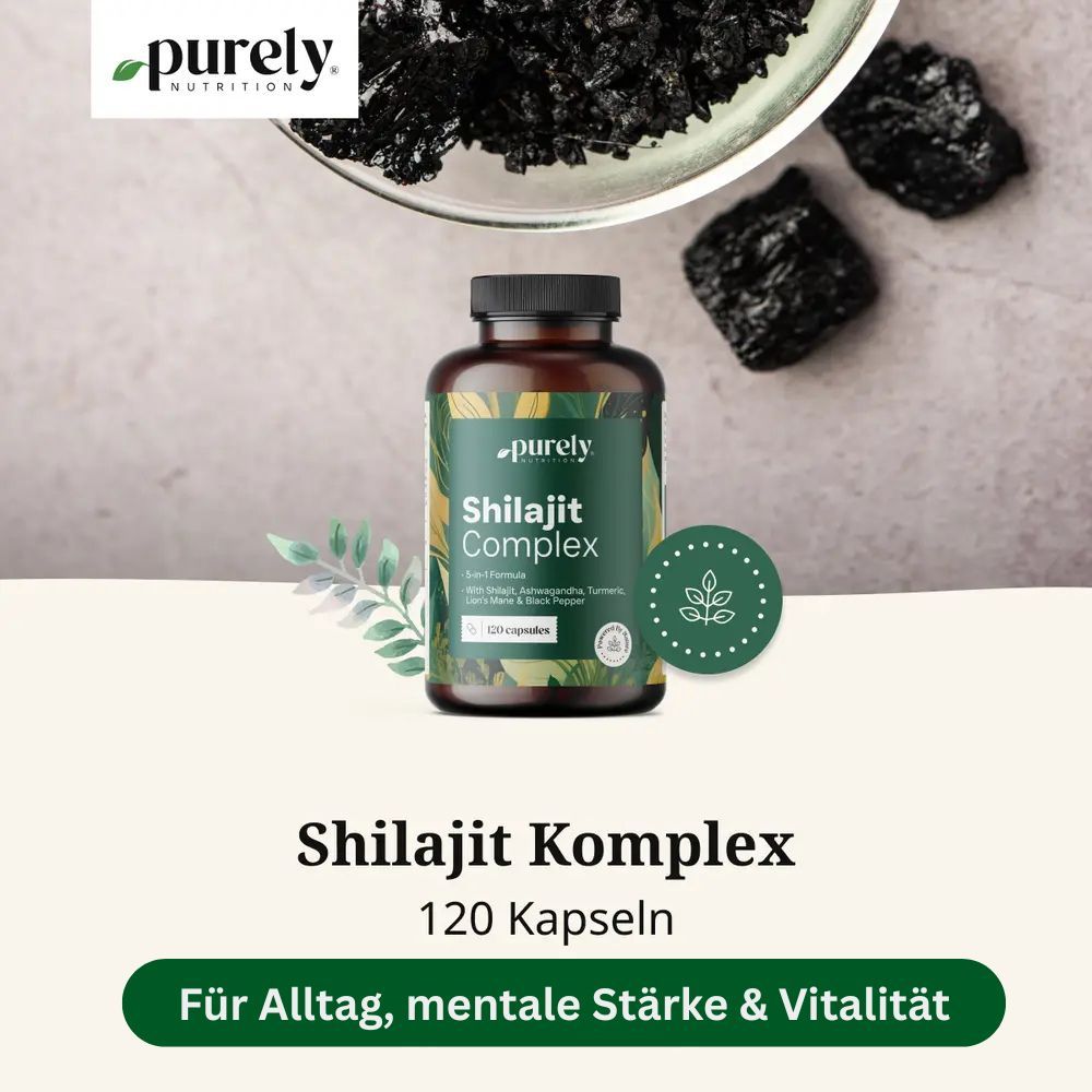 Braune Flasche mit grüner Etikettierung. Aufschrift: Shilajit Complex, 120 Kapseln. Mit Ashwagandha, Kurkuma, Löwenmähne. Produkt und Rohstoffe.