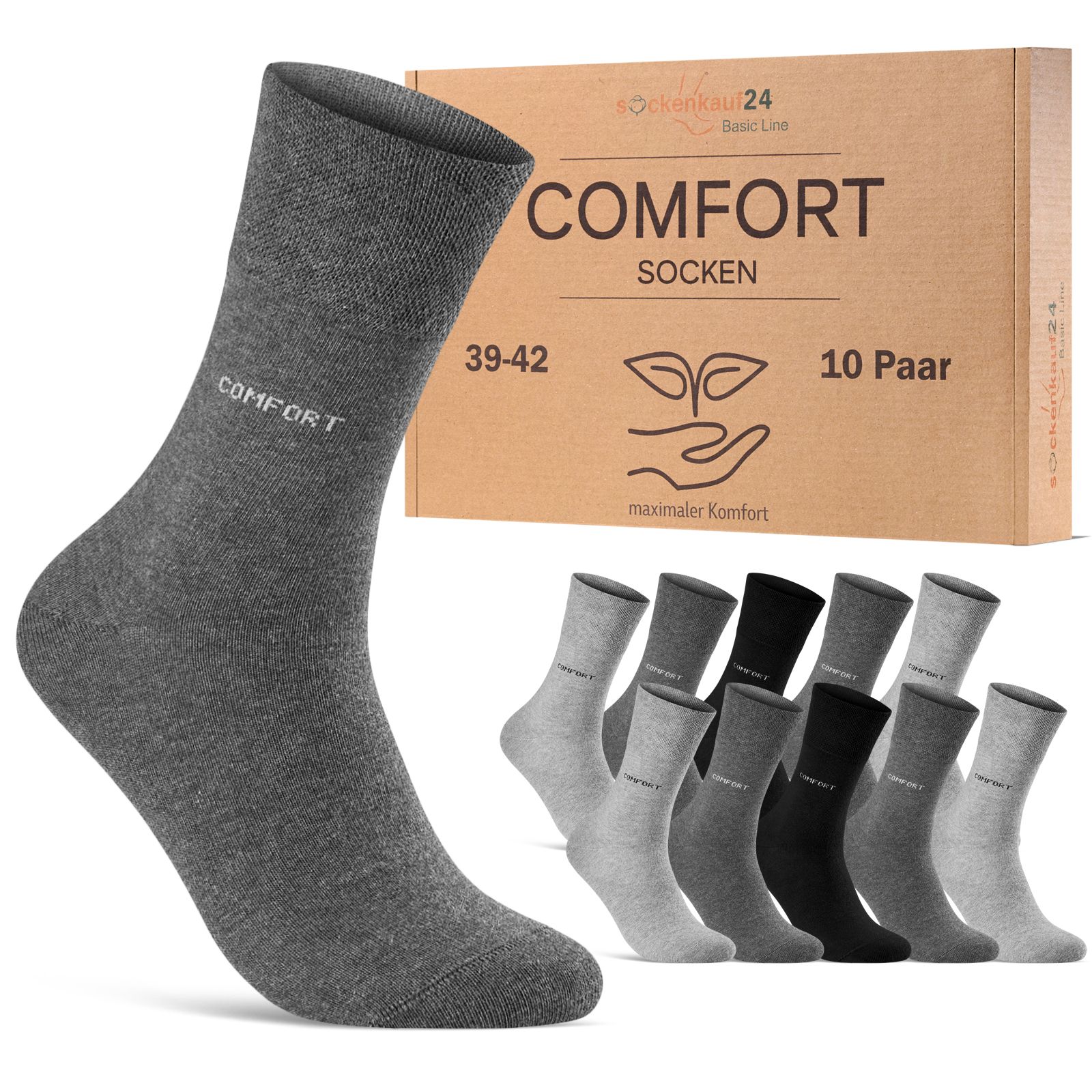 Graue Socken mit Komfortbund ohne Gummi. Aufschrift "COMFORT". Verpackung mit 10 Paar. Größe 39-42.