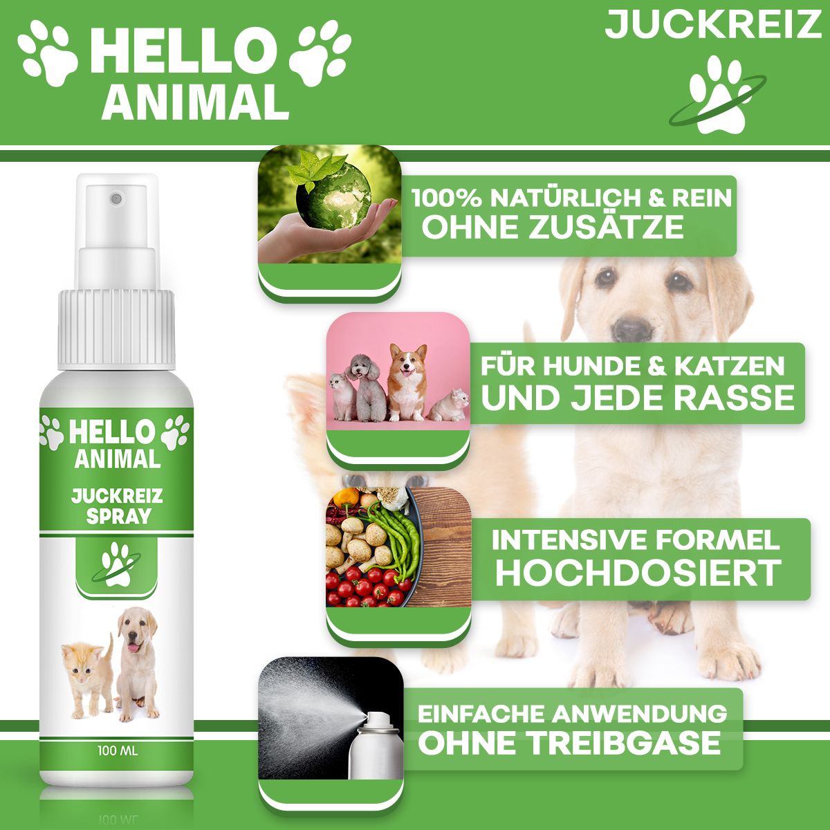 Sprayflasche mit grünem Etikett. Text: HELLO ANIMAL, Juckreiz Spray. Bilder: Katze, Hund. Zusätzliche Bilder und Text.