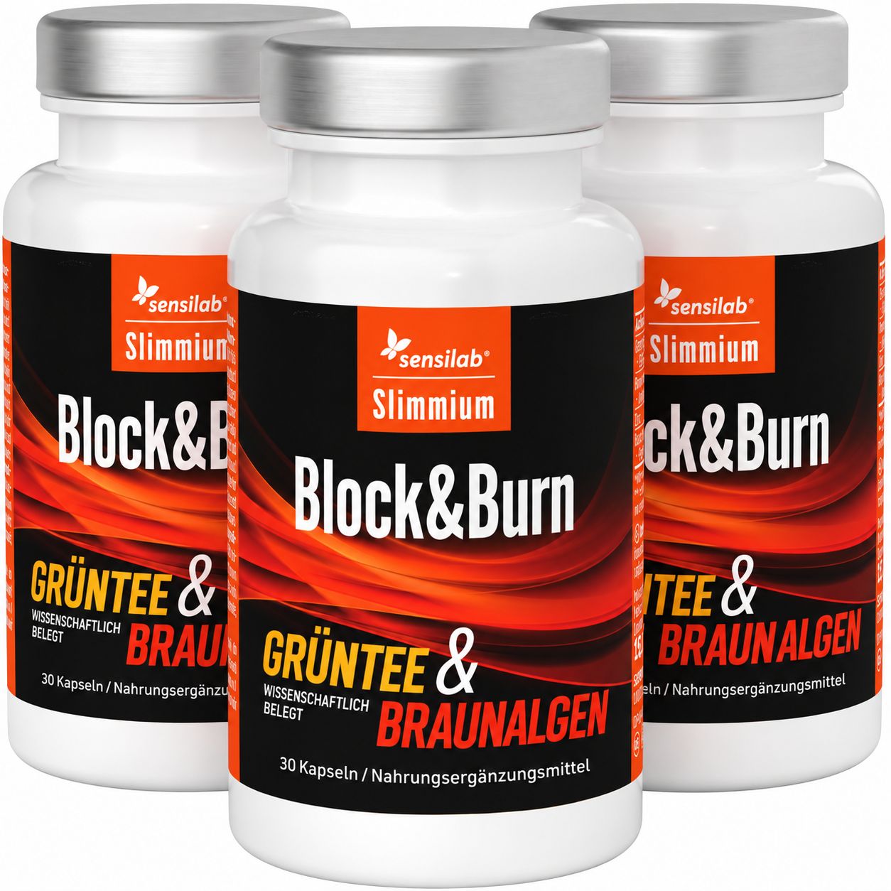 Drei Flaschen SlimJOY Block&Burn mit Grüntee- und Braunalgen-Extrakt, 30 Kapseln pro Flasche.