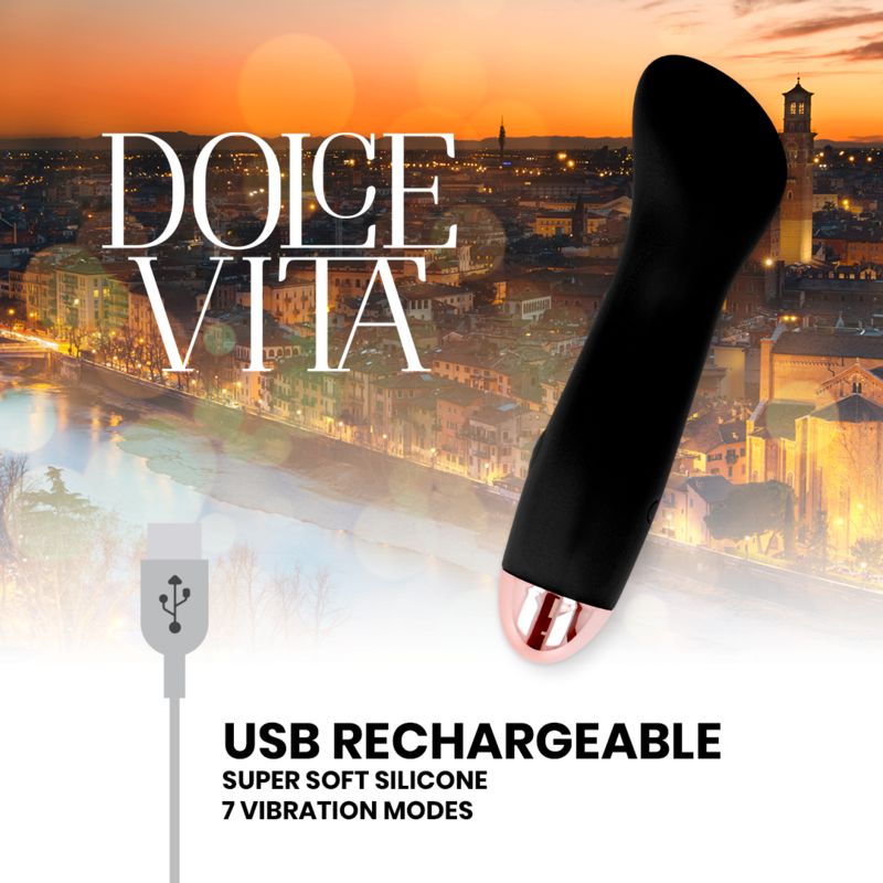 Schwarzer Silikon-Vibrator mit roségoldfarbenem Ende. USB-Ladekabel. Produktname und Funktionen sind angegeben.