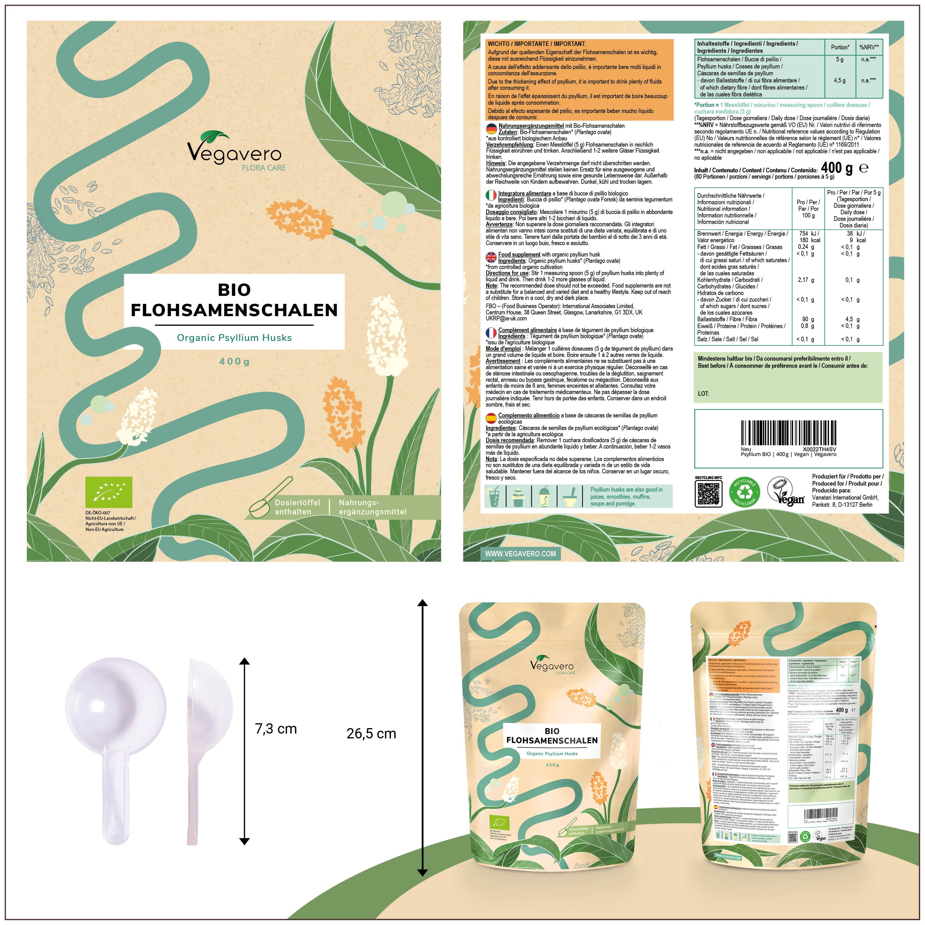 Produktverpackung mit BIO Flohsamenschalen. Enthält Messlöffel. Maße: 26,5 cm hoch, 7,3 cm breit. Rückseite mit Nährwertangaben.