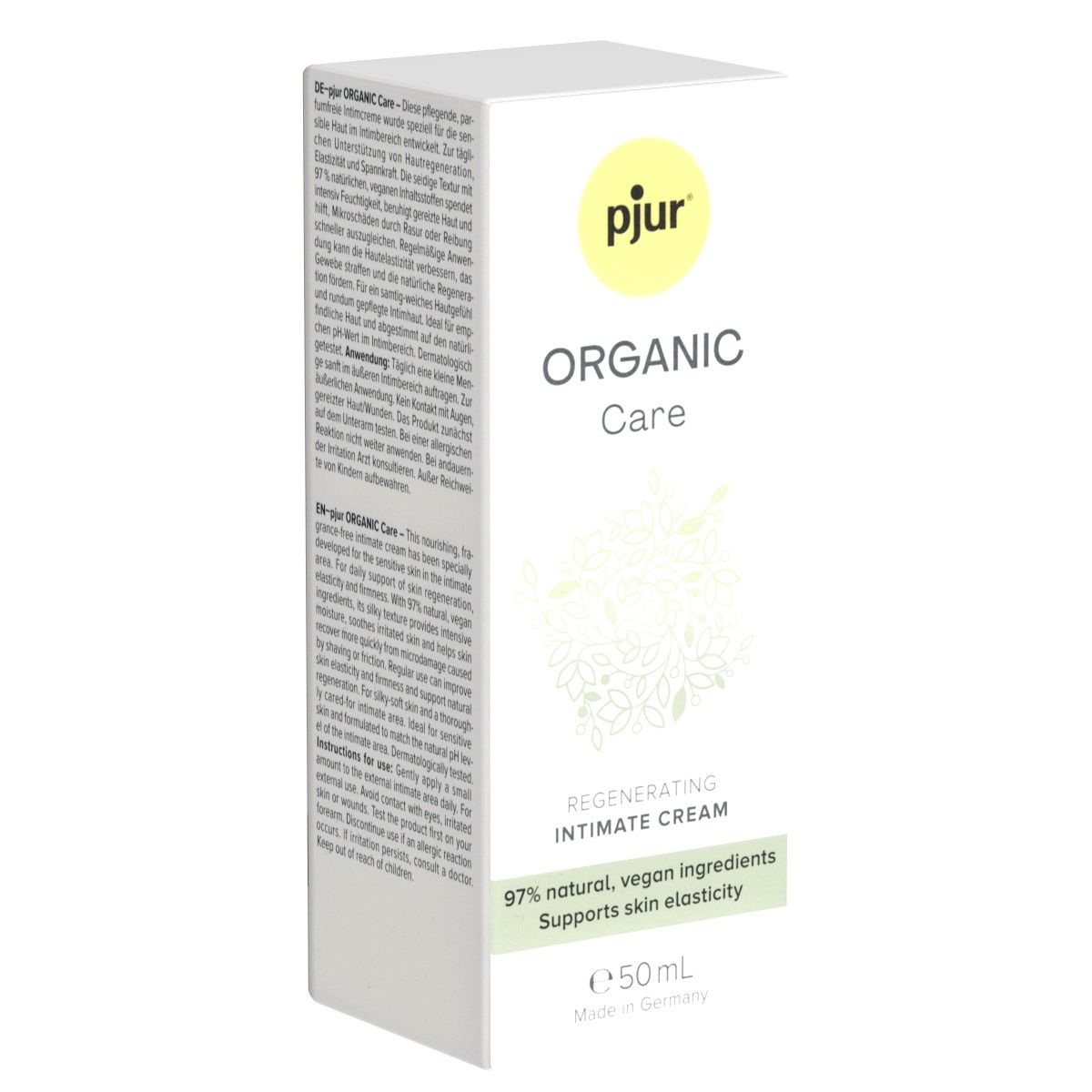 Weiße Verpackung mit "pjur ORGANIC Care". Regenerierende Intimcreme. 97% natürliche, vegane Inhaltsstoffe. 50ml.