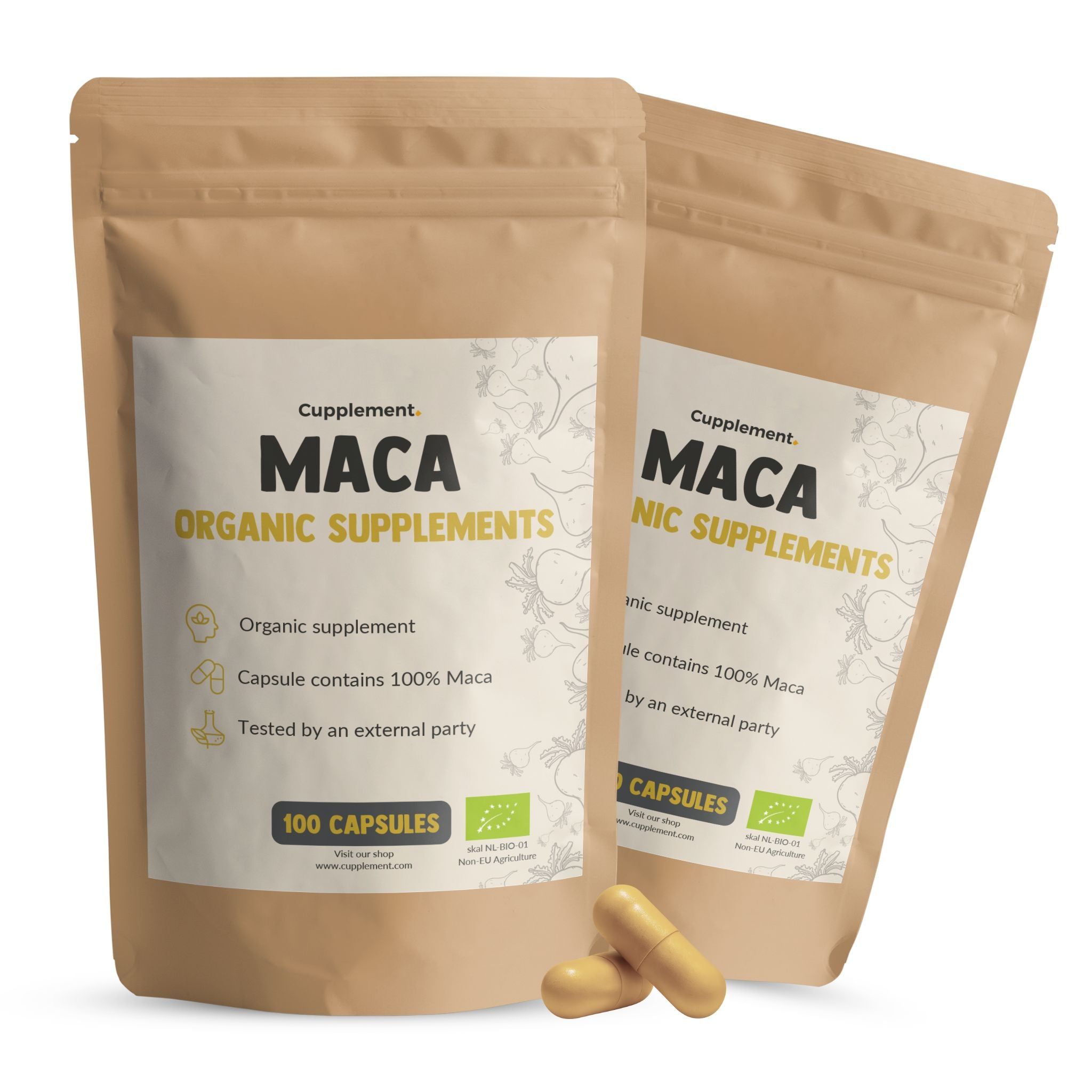 Beutel mit Kapseln. Aufschrift: MACA, ORGANIC SUPPLEMENTS. 100 Kapseln. Zwei Kapseln liegen daneben. Braune Verpackung.