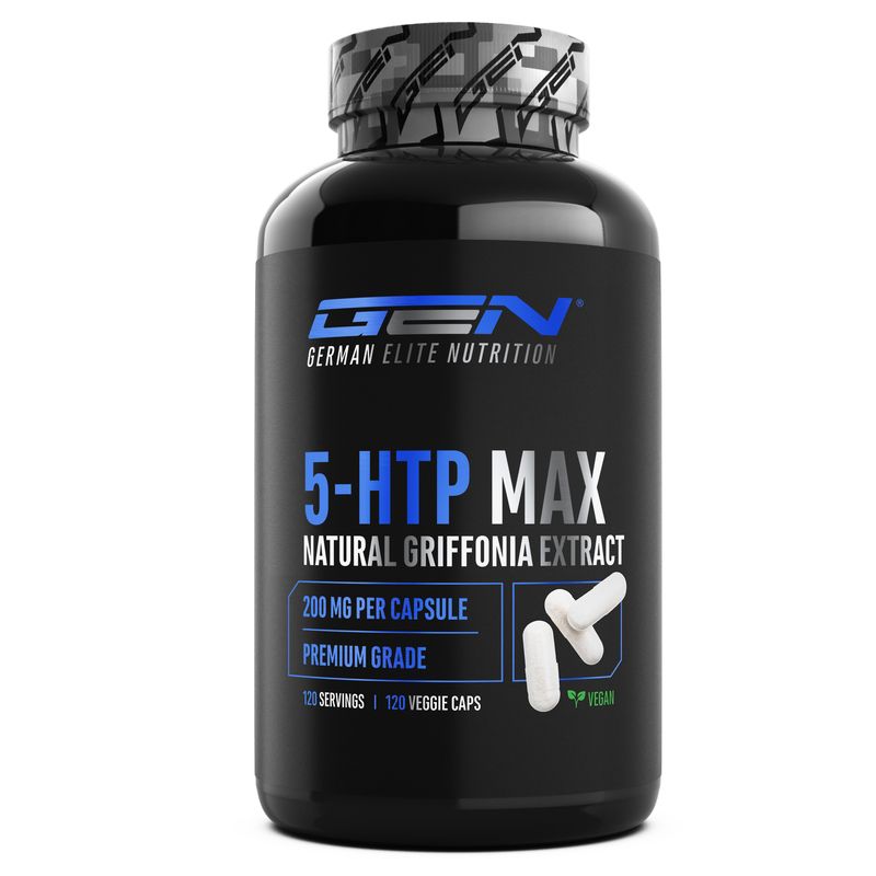 Schwarze Flasche mit GEN 5-HTP MAX. Enthält 120 Kapseln. Aufschrift: 200 mg pro Kapsel, Premium Grade, vegan.
