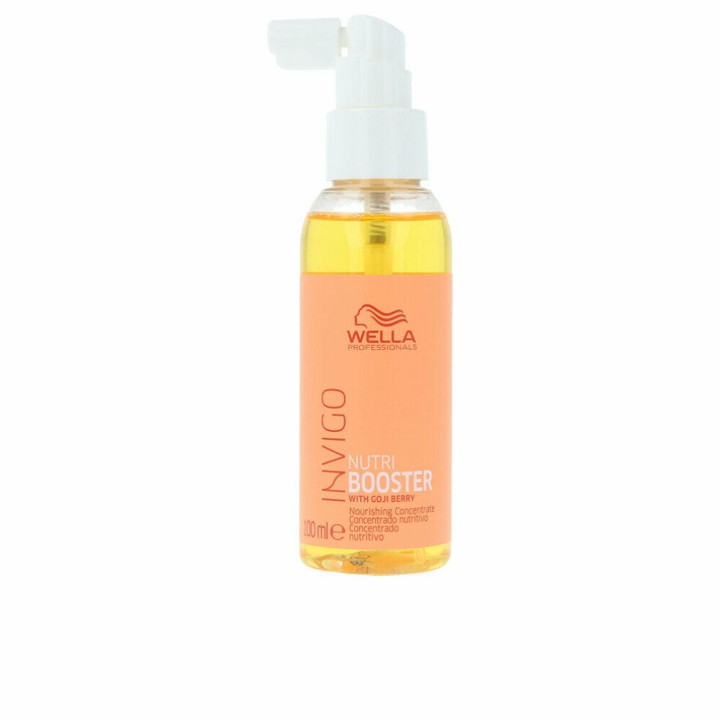 Flasche mit orangefarbenem Etikett. Aufschrift: Invigo Nutri Booster. Mit Goji-Beere. Mit Sprühkopf.