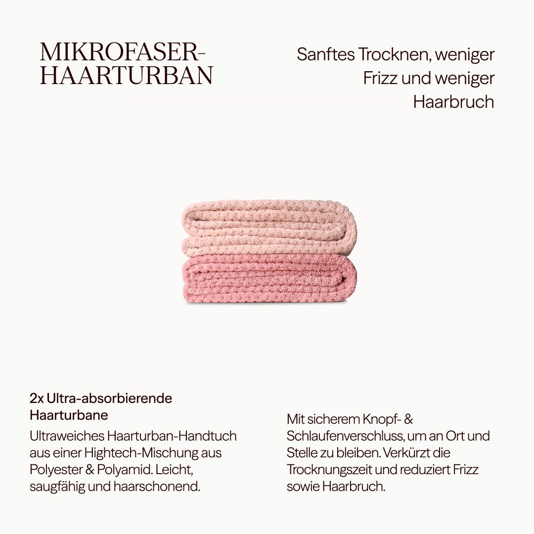 Zwei gefaltete rosa Haarturbane. Text: Mikrofaser-Haarturban, sanftes Trocknen, weniger Frizz. 2x ultra-absorbierende Haarturbane.