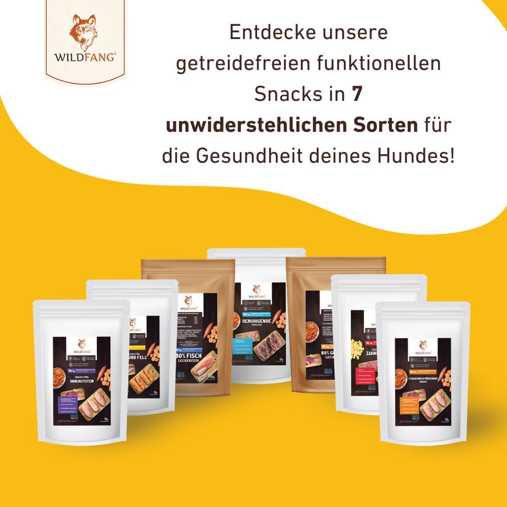 Sieben Beutel Snacks. Text: Entdecke unsere getreidefreien funktionellen Snacks in 7 unwiderstehlichen Sorten für die Gesundheit deines Hundes!