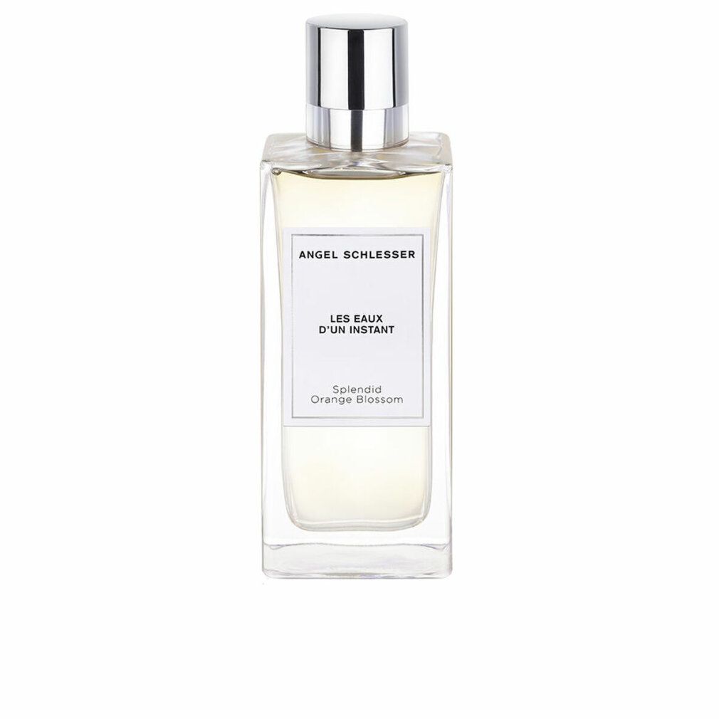 Parfümflakon mit silbernem Verschluss. Auf dem Etikett steht "Angel Schlesser", "Les Eaux d'un Instant" und "Splendid Orange Blossom".