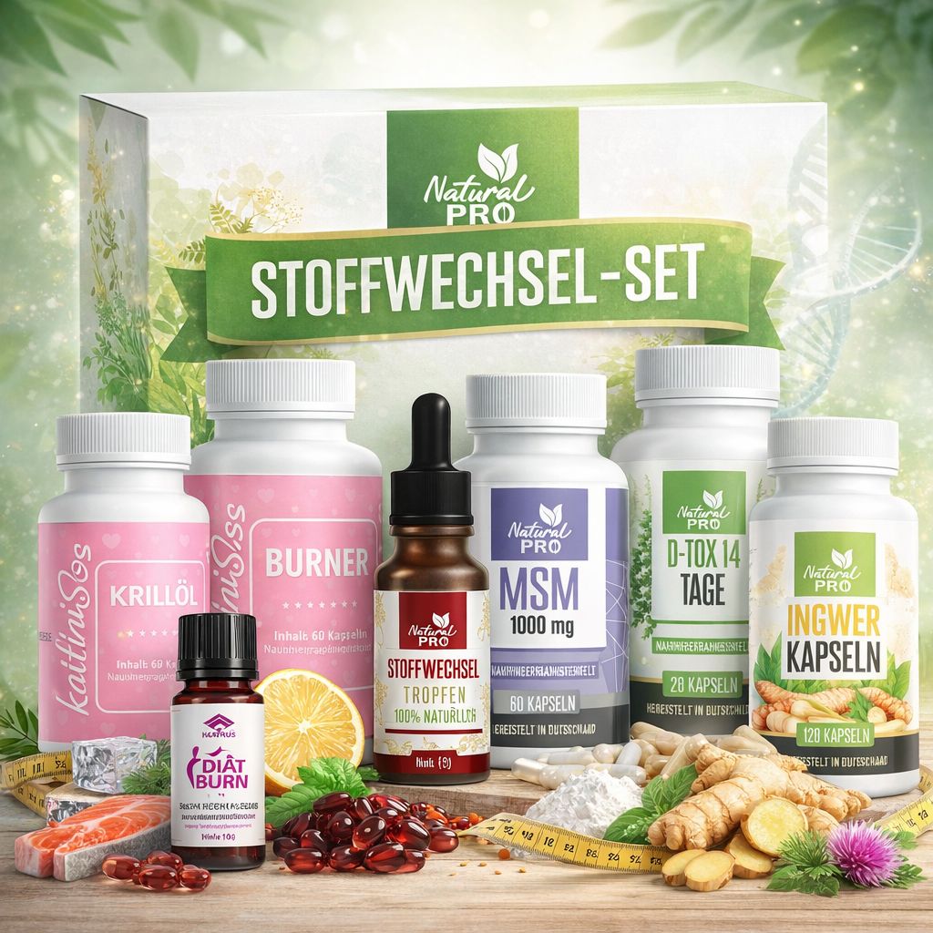 Set mit mehreren Nahrungsergänzungsmitteln. Enthält Kapseln, Tropfen und Flaschen. Aufschrift: Stoffwechsel-Set, Natural Pro.