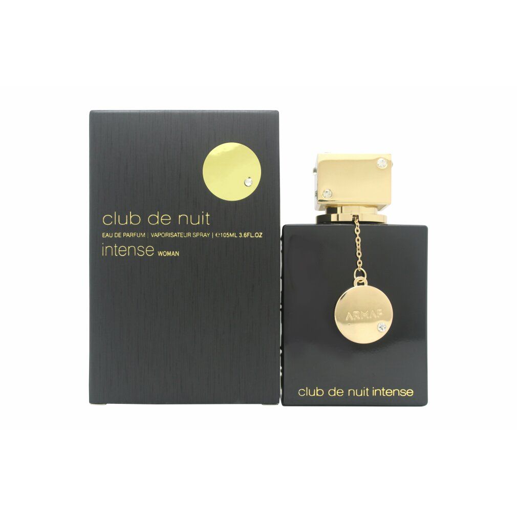 Schwarzer Flakon mit goldfarbenem Verschluss und Anhänger. Schwarze Verpackung mit Produktbezeichnung und Logo.