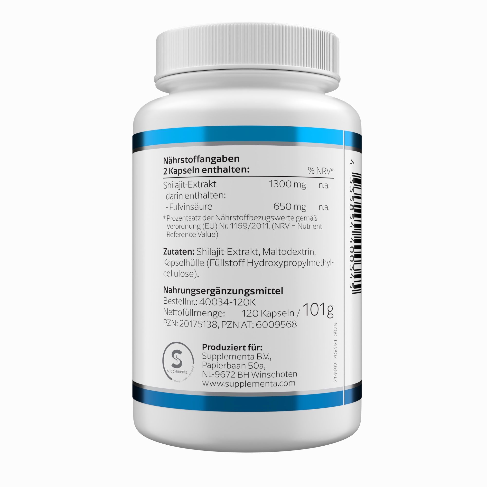 Rückseite der Flasche. Text: Nährwertangaben, Zutaten, Nettogewicht 101g, Chargennummer.