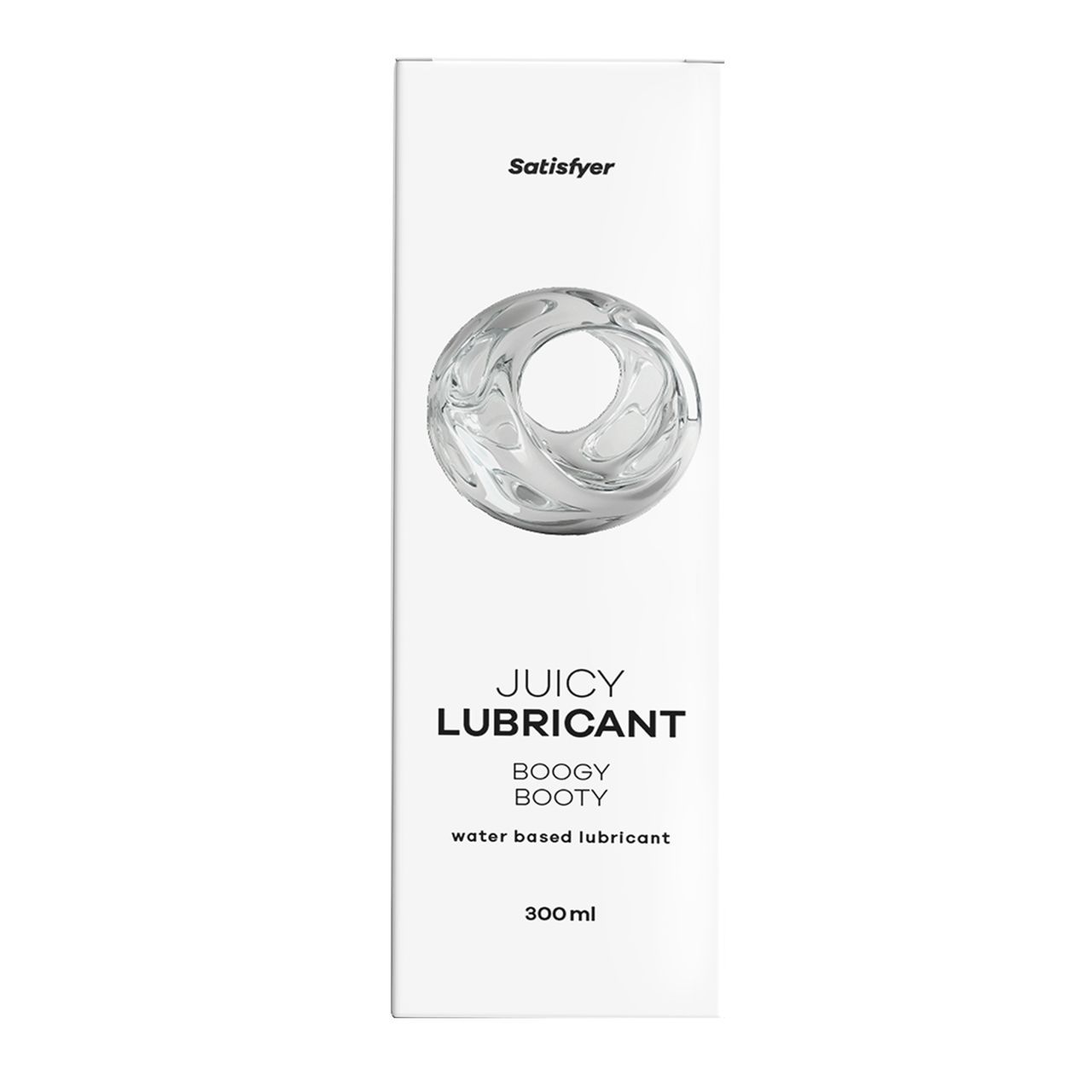 Weiße Verpackung mit Produktabbildung und Schriftzug "Satisfyer". Text: "JUICY LUBRICANT Boogy Booty water based lubricant". Unten: "300ml".