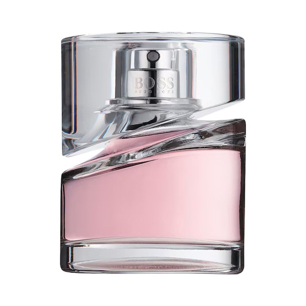 Rosa Parfumflasche mit silbernem Zerstäuber. BOSS-Logo.